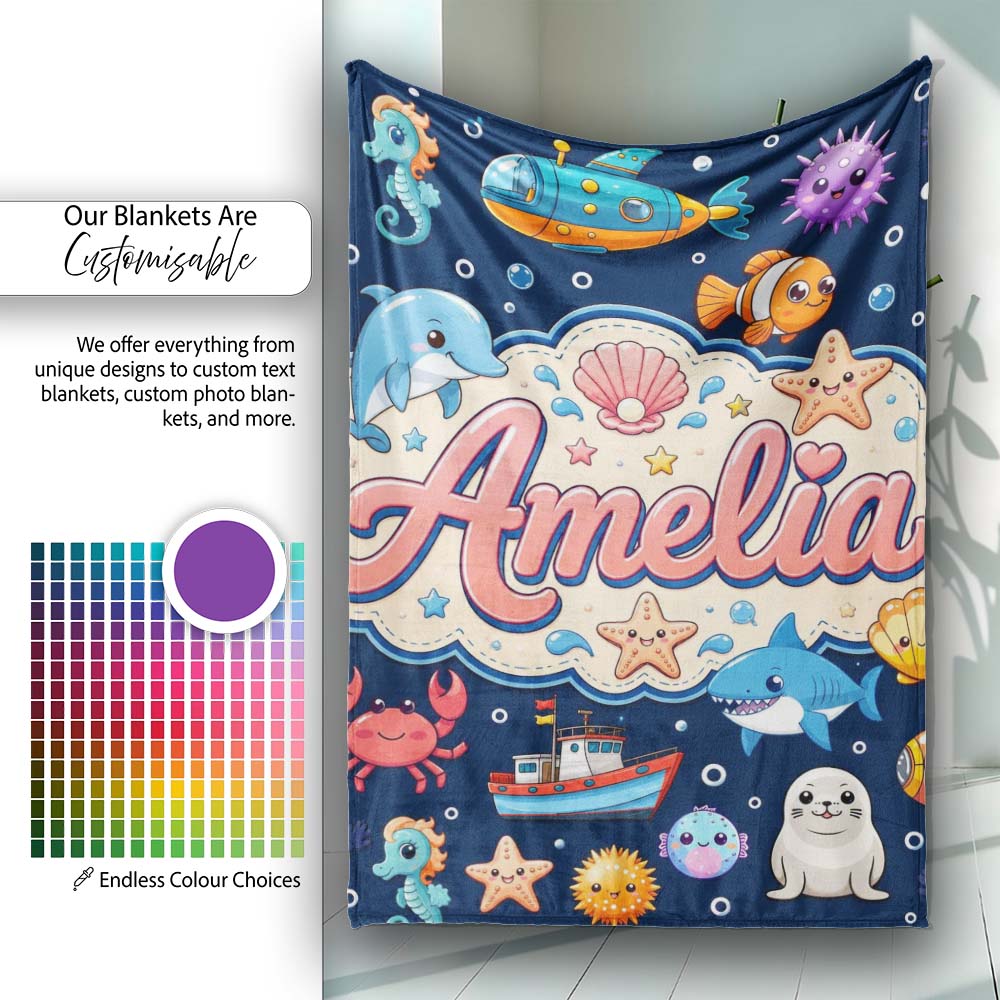 Cartoon Sea Animals Diver Dolphin Shark Crab Boat Navy Blue Bubble  Personalised Custom Name Super Soft Fleece Blanket Bed Sofa Throw