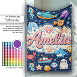 Cartoon Sea Animals Diver Dolphin Shark Crab Boat Navy Blue Bubble  Personalised Custom Name Super Soft Fleece Blanket Bed Sofa Throw