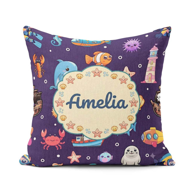 Custom Name Cartoon Animals Diver Dolphin Shark Crab Boat Purple Square Filled Cushion Throw Pillow Sofa Bed Home Decor Zip Washable UK Made