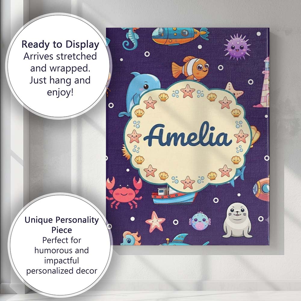 Personalised Name Cartoon Sea Animals Diver Custom  Bespoke Interior Contemporary Canvas Wall Art Print Decor Picture Ready to Hang