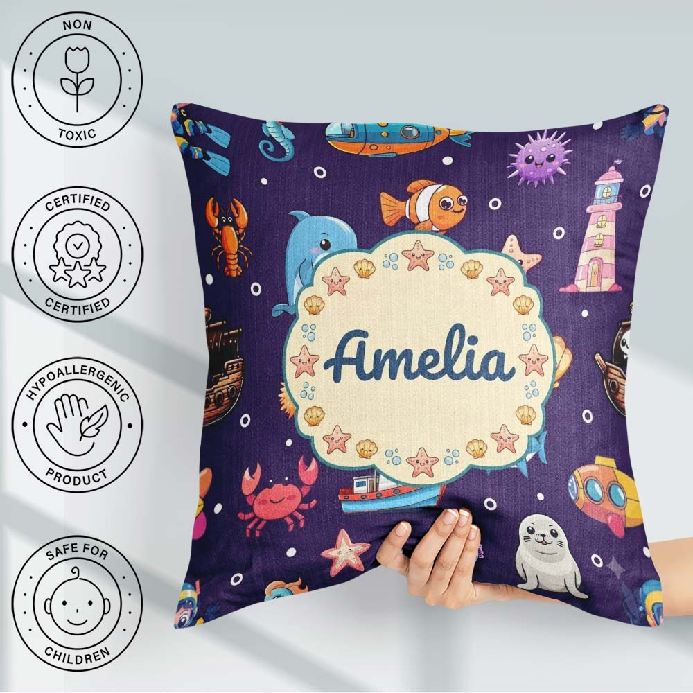 Custom Name Cartoon Animals Diver Dolphin Shark Crab Boat Purple Square Filled Cushion Throw Pillow Sofa Bed Home Decor Zip Washable UK Made