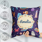 Custom Name Cartoon Animals Diver Dolphin Shark Crab Boat Purple Square Filled Cushion Throw Pillow Sofa Bed Home Decor Zip Washable UK Made