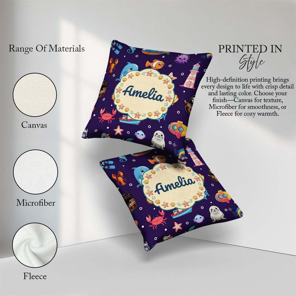 Custom Name Cartoon Animals Diver Dolphin Shark Crab Boat Purple Square Filled Cushion Throw Pillow Sofa Bed Home Decor Zip Washable UK Made