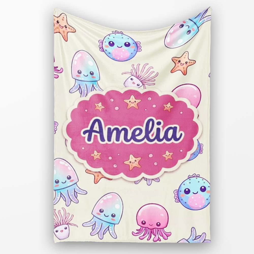 Cute Kawaii Jellyfish Starfish Pastel Ocean Creatures Cream Lovely  Personalised Custom Name Super Soft Fleece Blanket Bed Sofa Throw