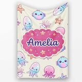 Cute Kawaii Jellyfish Starfish Pastel Ocean Creatures Cream Lovely  Personalised Custom Name Super Soft Fleece Blanket Bed Sofa Throw
