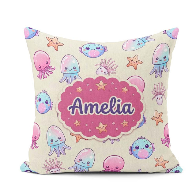 Custom Name Cute Kawaii Jellyfish Starfish Ocean Creatures Cream Square Filled Cushion Throw Pillow Sofa Bed Home Decor Zip Washable UK Made