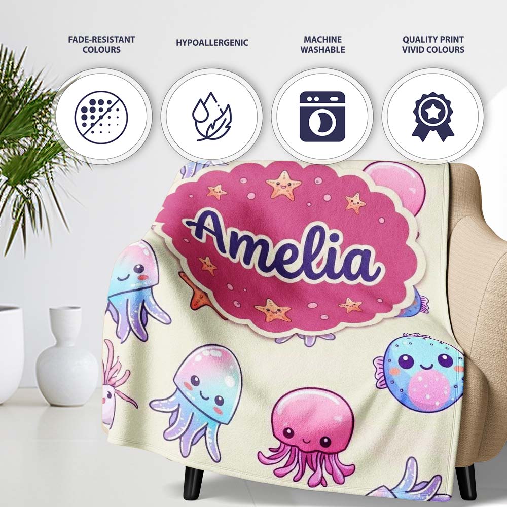 Cute Kawaii Jellyfish Starfish Pastel Ocean Creatures Cream Lovely  Personalised Custom Name Super Soft Fleece Blanket Bed Sofa Throw