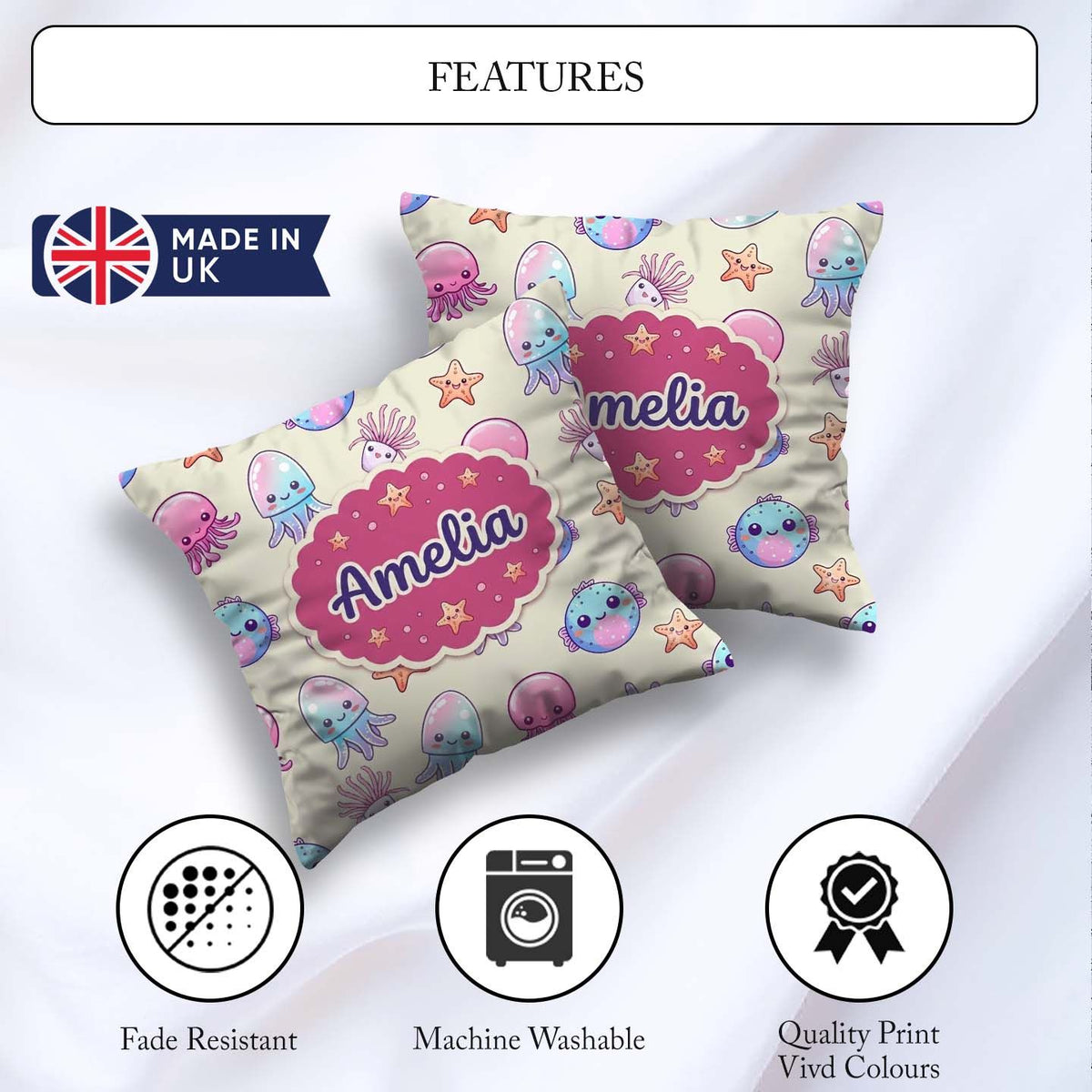 Custom Name Cute Kawaii Jellyfish Starfish Ocean Creatures Cream Square Filled Cushion Throw Pillow Sofa Bed Home Decor Zip Washable UK Made