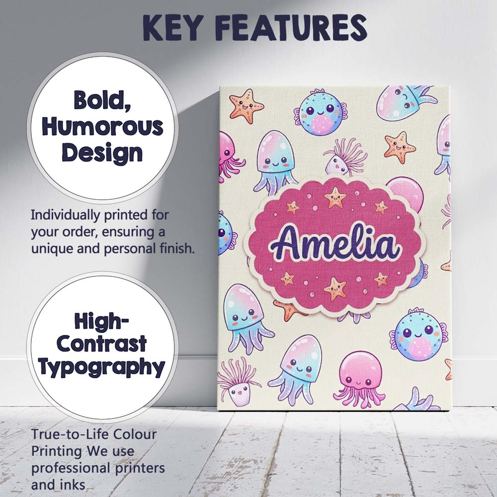 Personalised Name Cute Kawaii Jellyfish Custom  Modern Room Accent Elegant Feature Canvas Wall Art Print Decor Picture Ready to Hang
