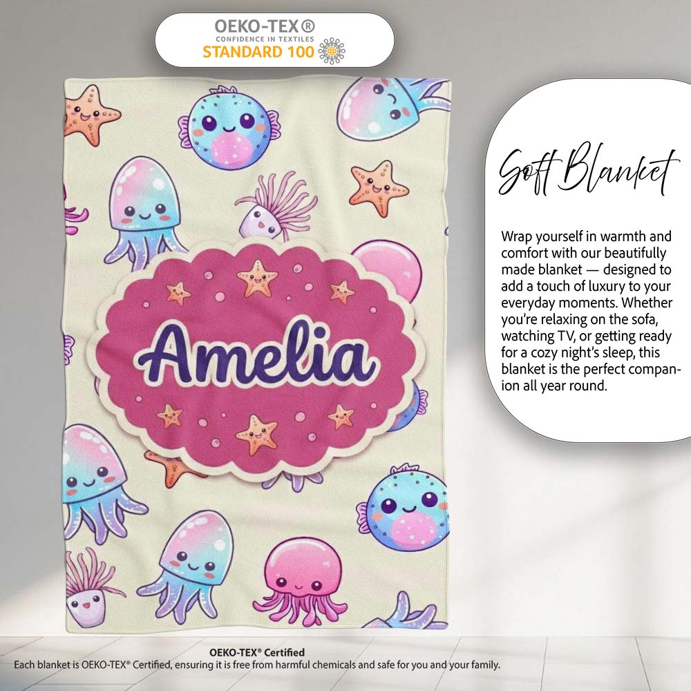 Cute Kawaii Jellyfish Starfish Pastel Ocean Creatures Cream Lovely  Personalised Custom Name Super Soft Fleece Blanket Bed Sofa Throw