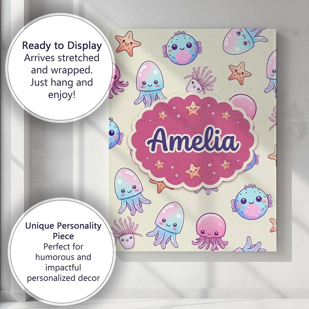 Personalised Name Cute Kawaii Jellyfish Custom  Modern Room Accent Elegant Feature Canvas Wall Art Print Decor Picture Ready to Hang