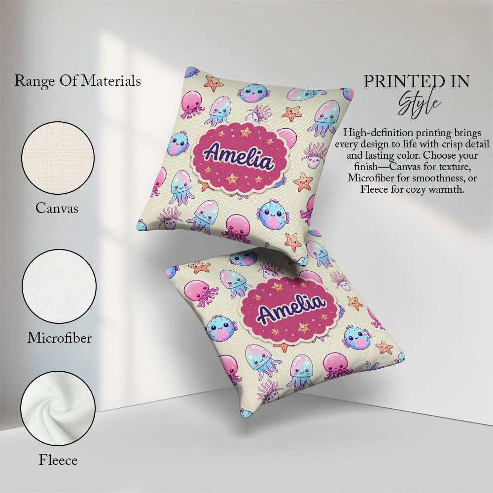 Custom Name Cute Kawaii Jellyfish Starfish Ocean Creatures Cream Square Filled Cushion Throw Pillow Sofa Bed Home Decor Zip Washable UK Made
