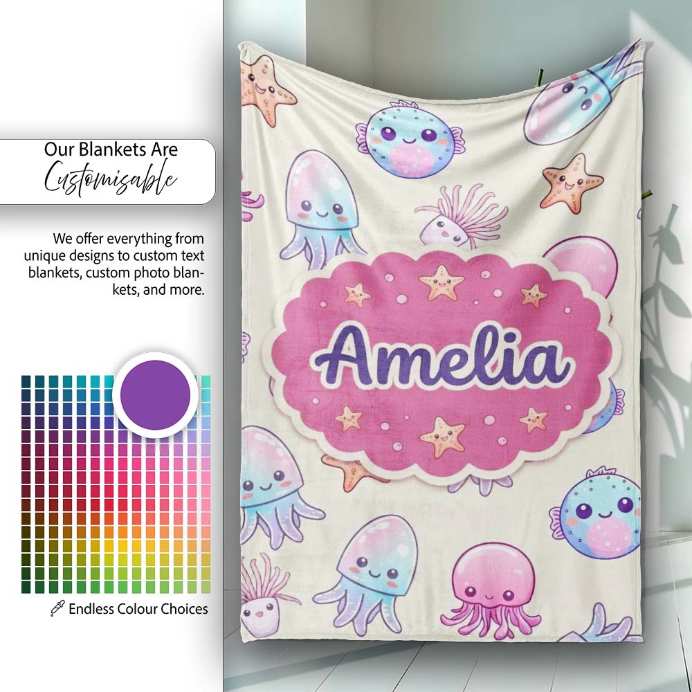Cute Kawaii Jellyfish Starfish Pastel Ocean Creatures Cream Lovely  Personalised Custom Name Super Soft Fleece Blanket Bed Sofa Throw