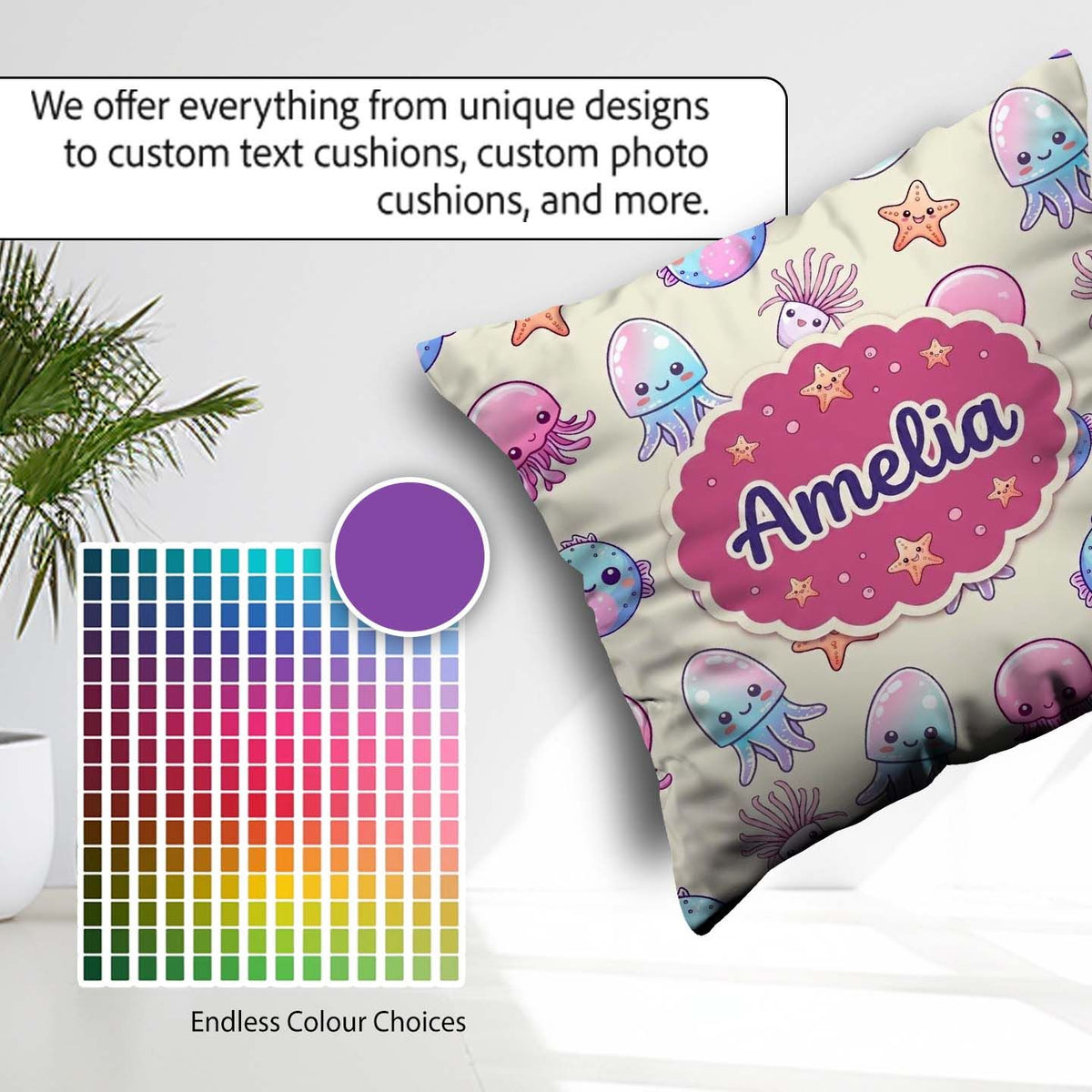 Custom Name Cute Kawaii Jellyfish Starfish Ocean Creatures Cream Square Filled Cushion Throw Pillow Sofa Bed Home Decor Zip Washable UK Made