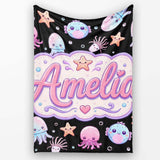 Kawaii Jellyfish Puffer Fish Starfish Pastel Ocean Creatures Black  Personalised Custom Name Super Soft Fleece Blanket Bed Sofa Throw
