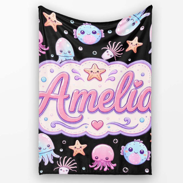 Kawaii Jellyfish Puffer Fish Starfish Pastel Ocean Creatures Black  Personalised Custom Name Super Soft Fleece Blanket Bed Sofa Throw