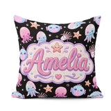 Custom Name Kawaii Jellyfish Fish Starfish Ocean Creatures Black Square Filled Cushion Throw Pillow Sofa Bed Home Decor Zip Washable UK Made
