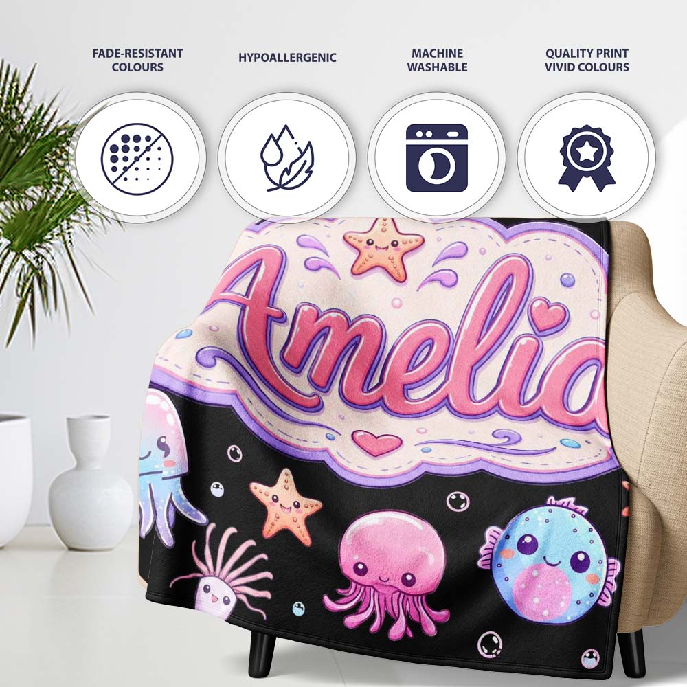 Kawaii Jellyfish Puffer Fish Starfish Pastel Ocean Creatures Black  Personalised Custom Name Super Soft Fleece Blanket Bed Sofa Throw