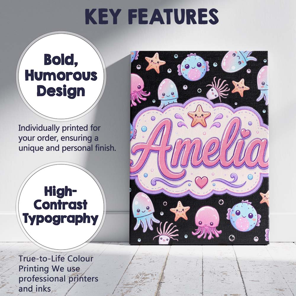 Personalised Name Kawaii Jellyfish Puffer Custom  Unique Gift Idea Elegant Feature Canvas Wall Art Print Decor Picture Ready to Hang