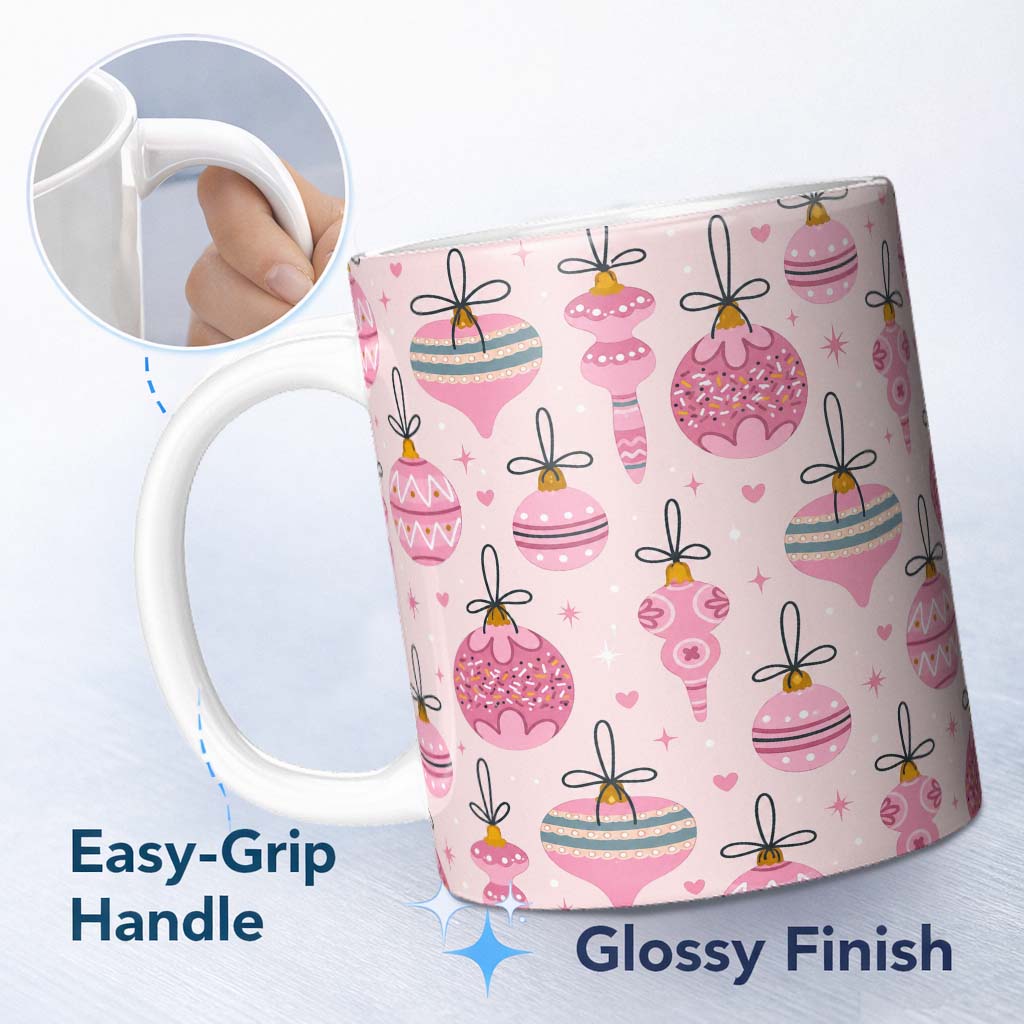 Personalized Custom Name Cute Pink Christmas Baubles Ornament Seamless Pattern Lovely 11oz Ceramic Coffee Tea Mug White Large Handle