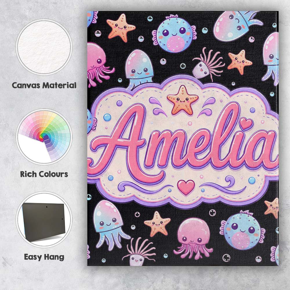 Personalised Name Kawaii Jellyfish Puffer Custom  Unique Gift Idea Elegant Feature Canvas Wall Art Print Decor Picture Ready to Hang