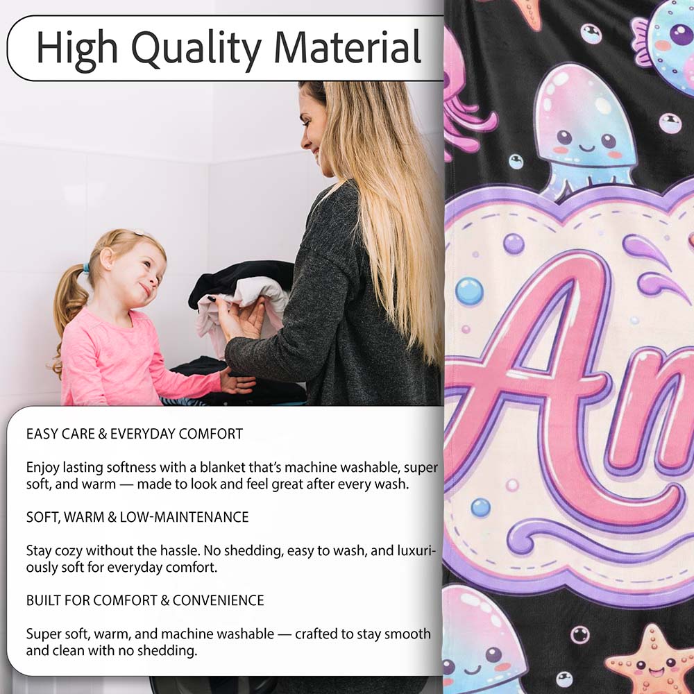 Kawaii Jellyfish Puffer Fish Starfish Pastel Ocean Creatures Black  Personalised Custom Name Super Soft Fleece Blanket Bed Sofa Throw