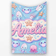 Kawaii Jellyfish Puffer Fish Starfish Pastel Ocean Creatures Blue  Personalised Custom Name Super Soft Fleece Blanket Bed Sofa Throw