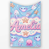 Kawaii Jellyfish Puffer Fish Starfish Pastel Ocean Creatures Blue  Personalised Custom Name Super Soft Fleece Blanket Bed Sofa Throw