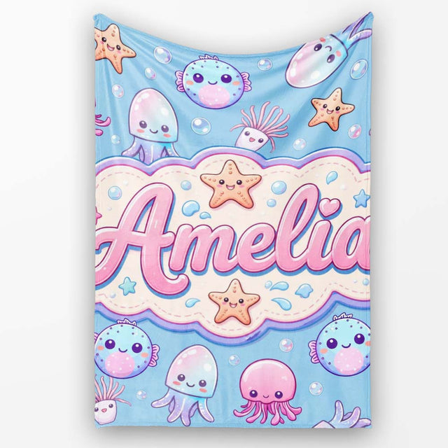 Kawaii Jellyfish Puffer Fish Starfish Pastel Ocean Creatures Blue  Personalised Custom Name Super Soft Fleece Blanket Bed Sofa Throw