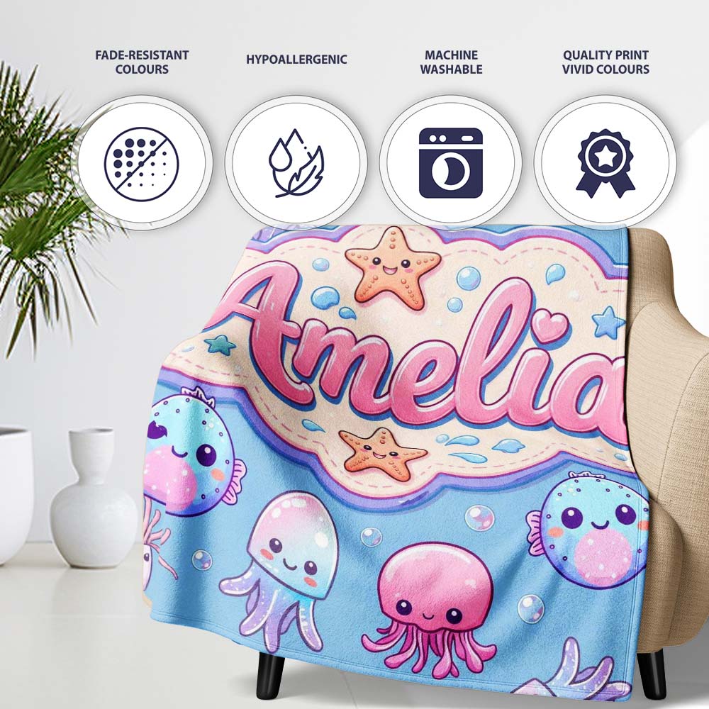 Kawaii Jellyfish Puffer Fish Starfish Pastel Ocean Creatures Blue  Personalised Custom Name Super Soft Fleece Blanket Bed Sofa Throw