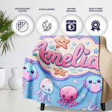 Kawaii Jellyfish Puffer Fish Starfish Pastel Ocean Creatures Blue  Personalised Custom Name Super Soft Fleece Blanket Bed Sofa Throw