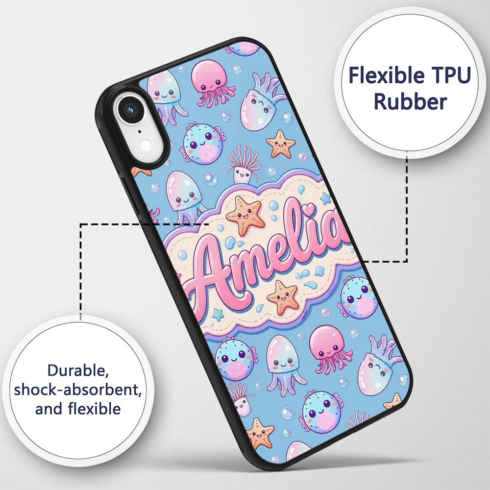 Kawaii Jellyfish Puffer Fish Starfish Pastel Custom Name Protective Phone Case Mobile Cover Durable Everyday Smartphone Shock Resistant