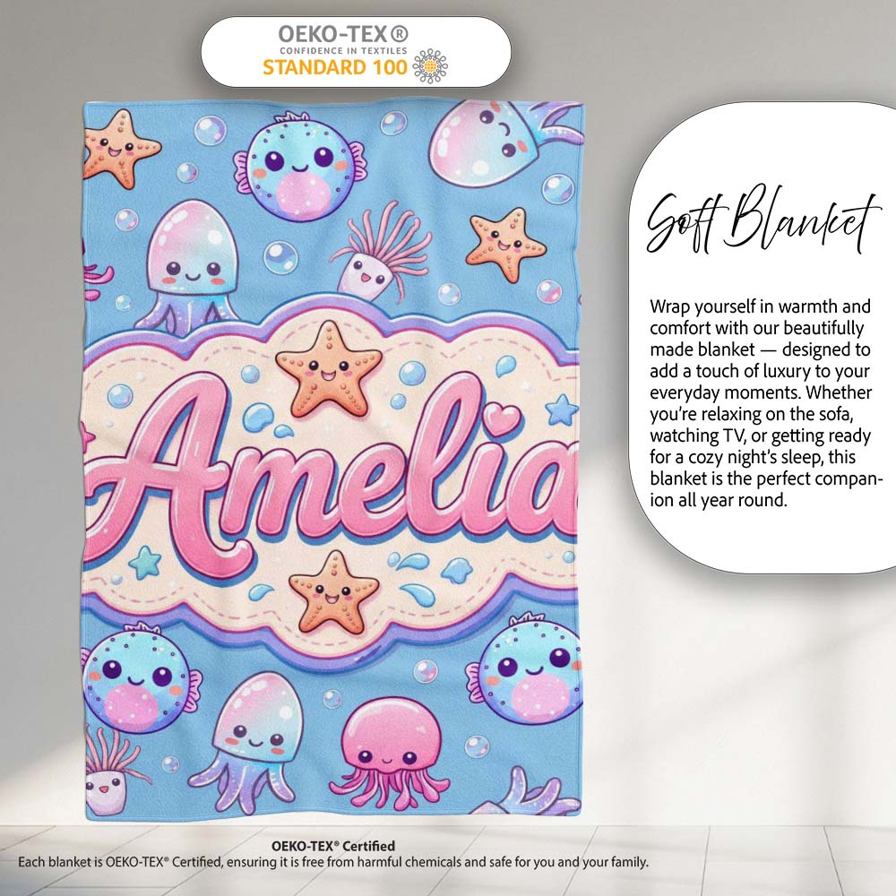 Kawaii Jellyfish Puffer Fish Starfish Pastel Ocean Creatures Blue  Personalised Custom Name Super Soft Fleece Blanket Bed Sofa Throw