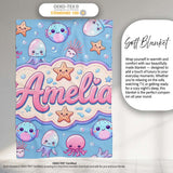 Kawaii Jellyfish Puffer Fish Starfish Pastel Ocean Creatures Blue  Personalised Custom Name Super Soft Fleece Blanket Bed Sofa Throw