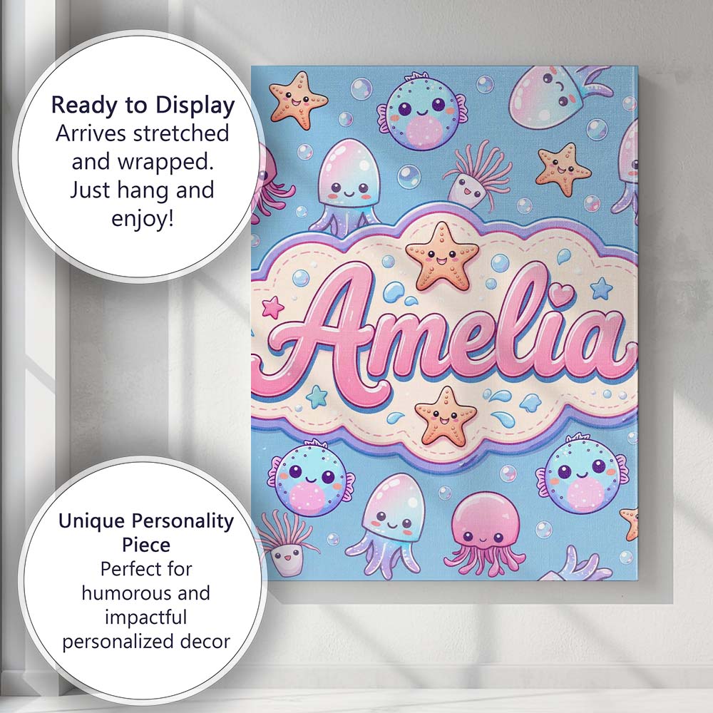 Personalised Name Kawaii Jellyfish Puffer Custom  Unique Gift Idea Elegant Feature Canvas Wall Art Print Decor Picture Ready to Hang