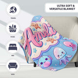 Kawaii Jellyfish Puffer Fish Starfish Pastel Ocean Creatures Blue  Personalised Custom Name Super Soft Fleece Blanket Bed Sofa Throw