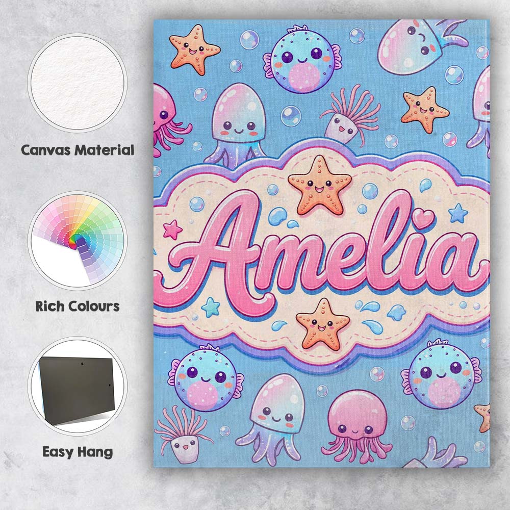 Personalised Name Kawaii Jellyfish Puffer Custom  Unique Gift Idea Elegant Feature Canvas Wall Art Print Decor Picture Ready to Hang