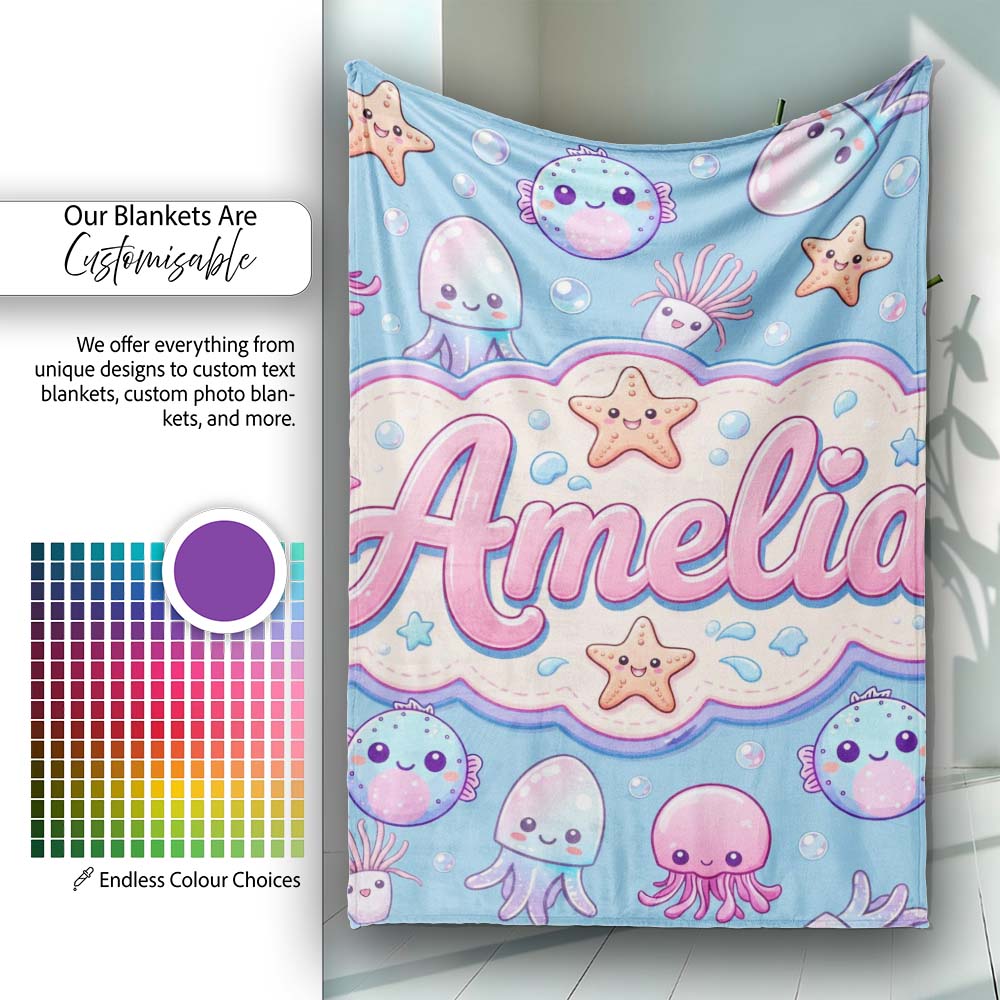 Kawaii Jellyfish Puffer Fish Starfish Pastel Ocean Creatures Blue  Personalised Custom Name Super Soft Fleece Blanket Bed Sofa Throw