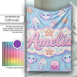 Kawaii Jellyfish Puffer Fish Starfish Pastel Ocean Creatures Blue  Personalised Custom Name Super Soft Fleece Blanket Bed Sofa Throw