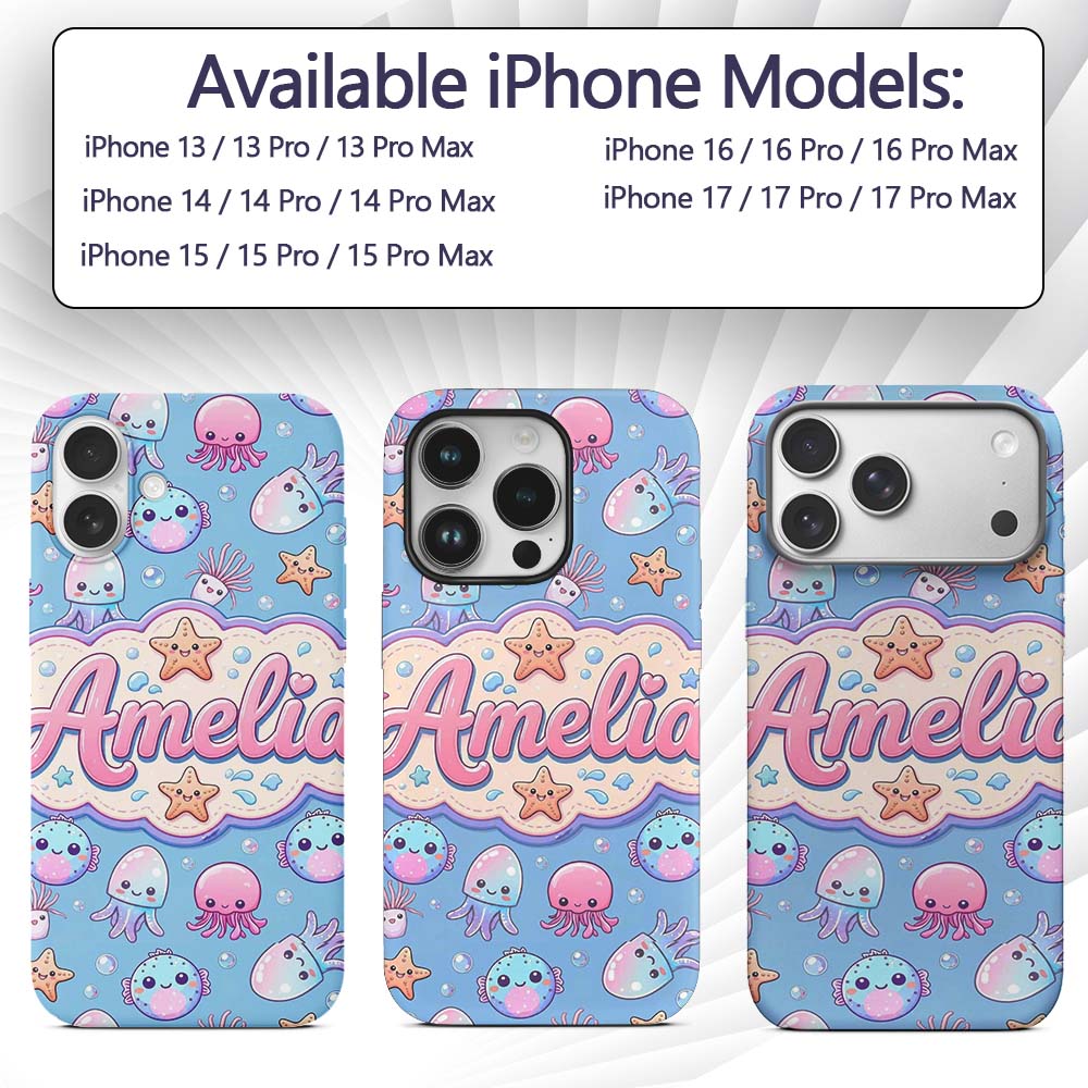 Kawaii Jellyfish Puffer Fish Starfish Pastel Custom Name Protective Phone Case Mobile Cover Durable Everyday Smartphone Shock Resistant