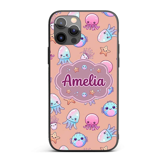 Kawaii Jellyfish Puffer Fish Starfish Pastel Custom Name Protective Phone Case Mobile Cover Durable Everyday Smartphone Shock Resistant