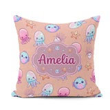 Custom Name Kawaii Jellyfish Fish Starfish Ocean Creatures Peach Square Filled Cushion Throw Pillow Sofa Bed Home Decor Zip Washable UK Made