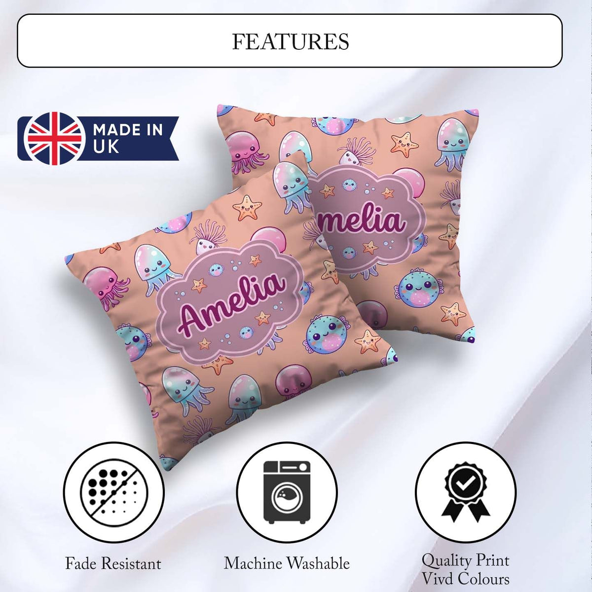 Custom Name Kawaii Jellyfish Fish Starfish Ocean Creatures Peach Square Filled Cushion Throw Pillow Sofa Bed Home Decor Zip Washable UK Made