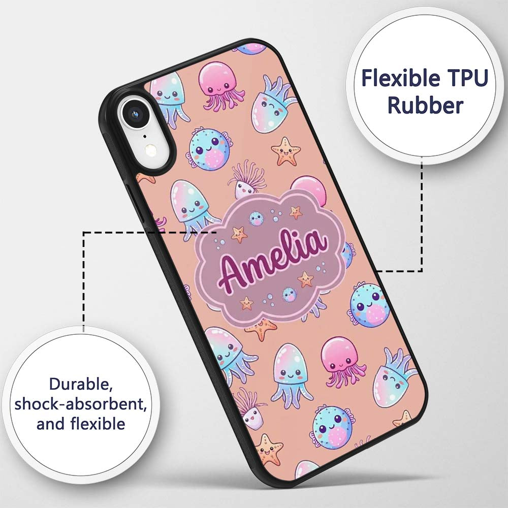 Kawaii Jellyfish Puffer Fish Starfish Pastel Custom Name Protective Phone Case Mobile Cover Durable Everyday Smartphone Shock Resistant