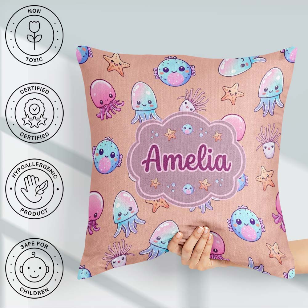 Custom Name Kawaii Jellyfish Fish Starfish Ocean Creatures Peach Square Filled Cushion Throw Pillow Sofa Bed Home Decor Zip Washable UK Made
