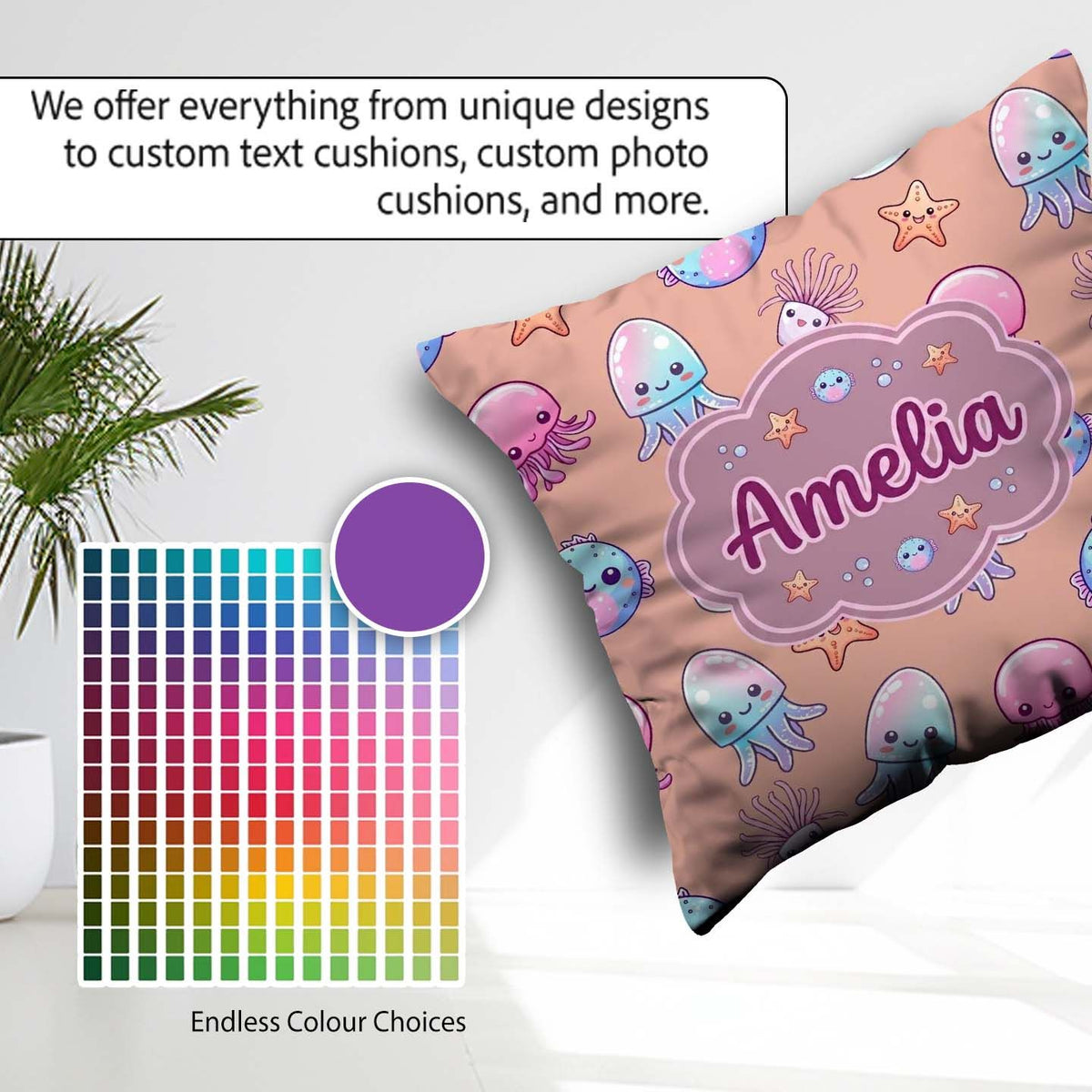 Custom Name Kawaii Jellyfish Fish Starfish Ocean Creatures Peach Square Filled Cushion Throw Pillow Sofa Bed Home Decor Zip Washable UK Made