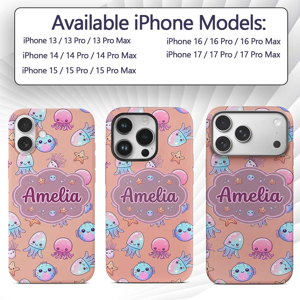 Kawaii Jellyfish Puffer Fish Starfish Pastel Custom Name Protective Phone Case Mobile Cover Durable Everyday Smartphone Shock Resistant