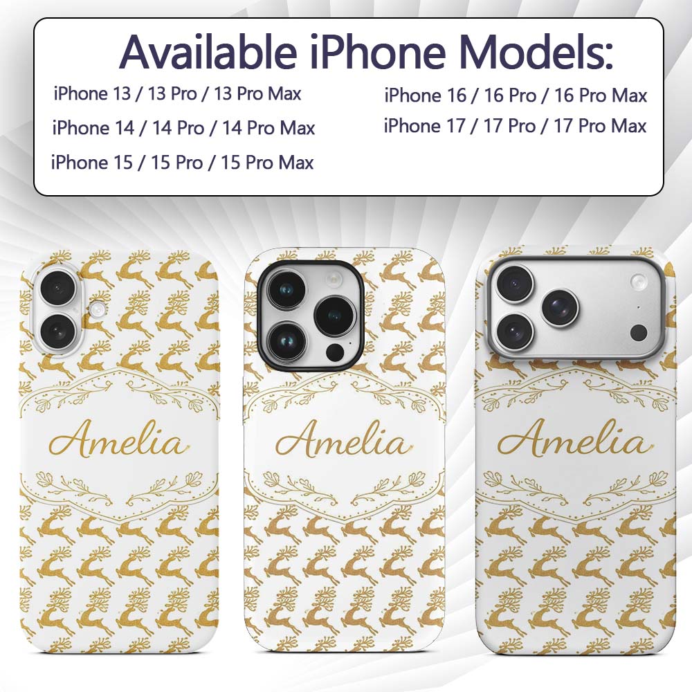 Gold Glitter Reindeer Christmas Seamless Pattern Custom Name Protective Phone Case Mobile Cover Durable Everyday Smartphone Shock Resistant