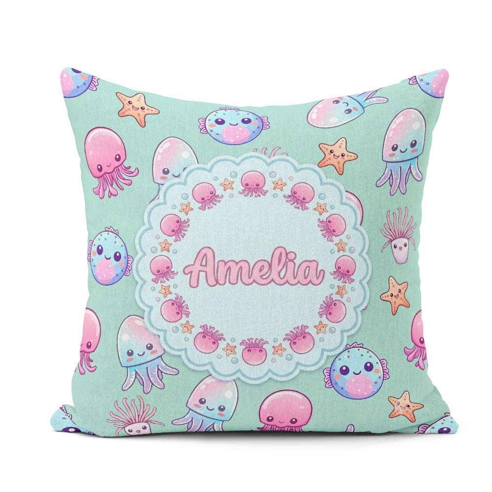 Custom Name Kawaii Jellyfish Puffer Fish Starfish Creatures Mint Square Filled Cushion Throw Pillow Sofa Bed Home Decor Zip Washable UK Made