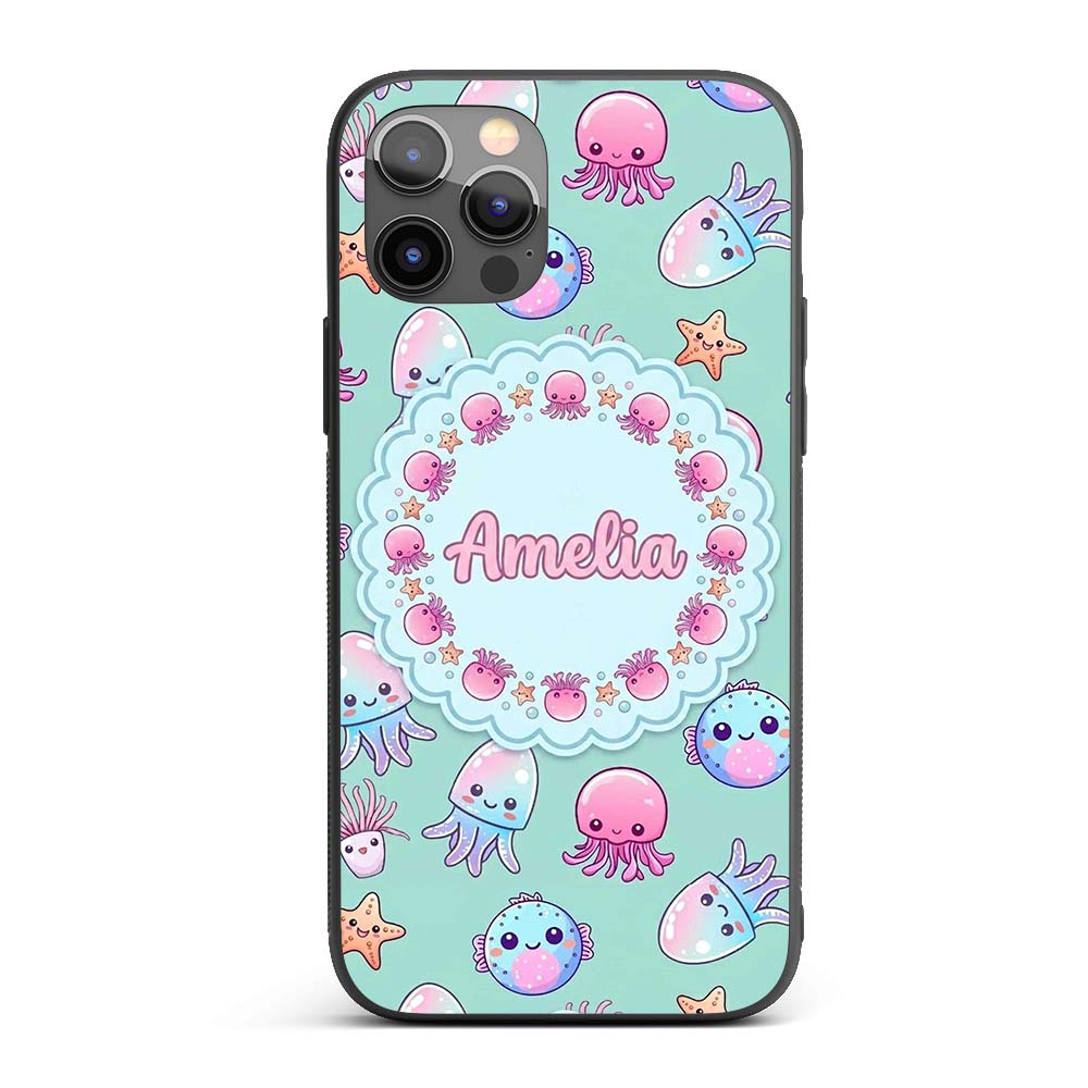 Kawaii Jellyfish Puffer Fish Starfish Pastel Custom Name Protective Phone Case Mobile Cover Durable Everyday Smartphone Shock Resistant